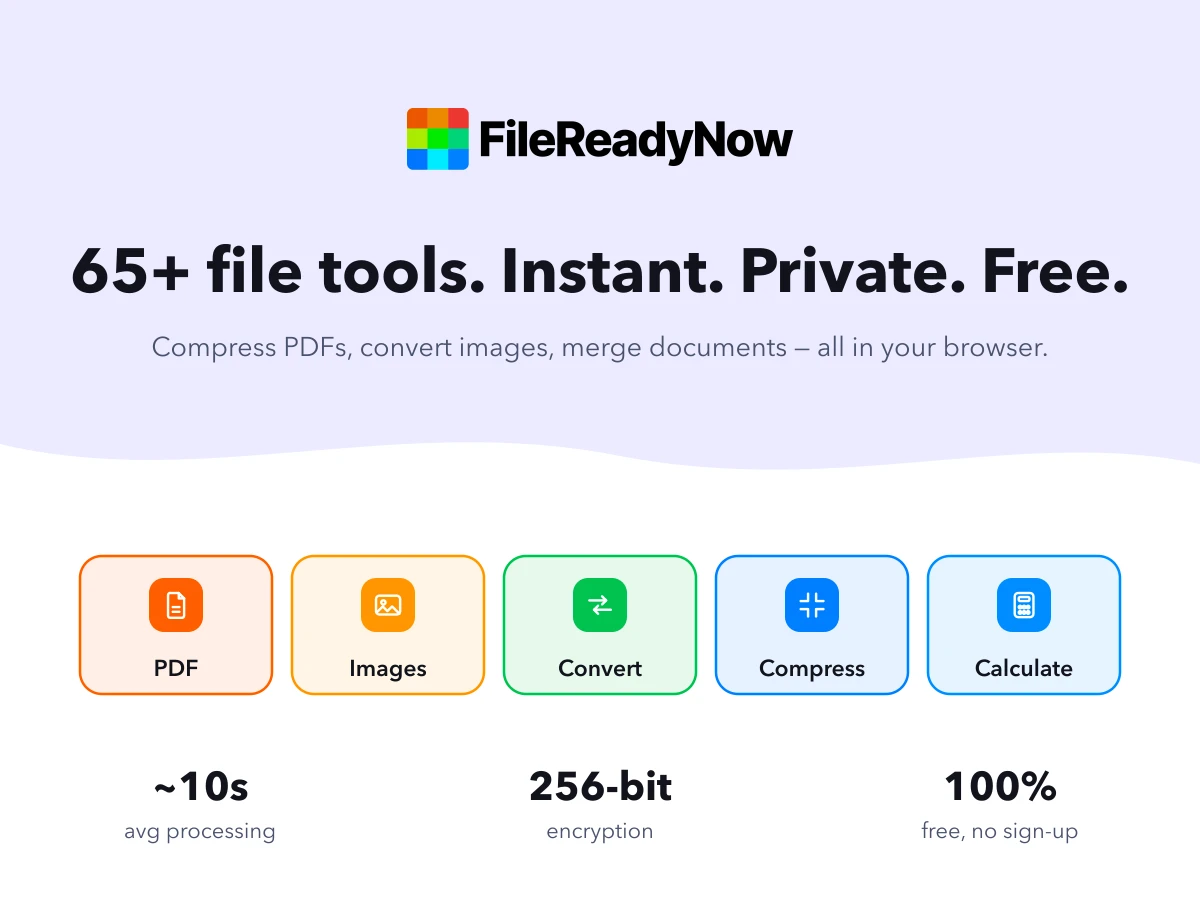 FileReadyNow — 65+ browser-based file tools across PDF, images, convert, compress and calculate, with ~10s average processing and 256-bit encryption