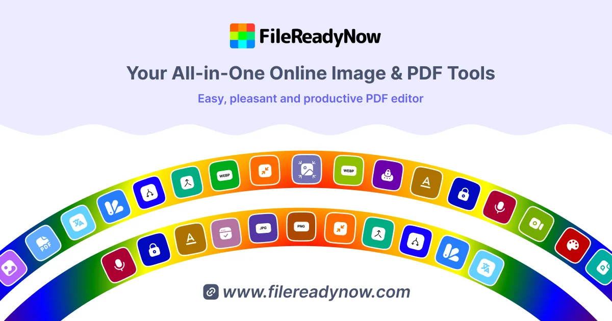 FileReadyNow homepage showing 65+ free PDF, image, and document tools with instant browser processing