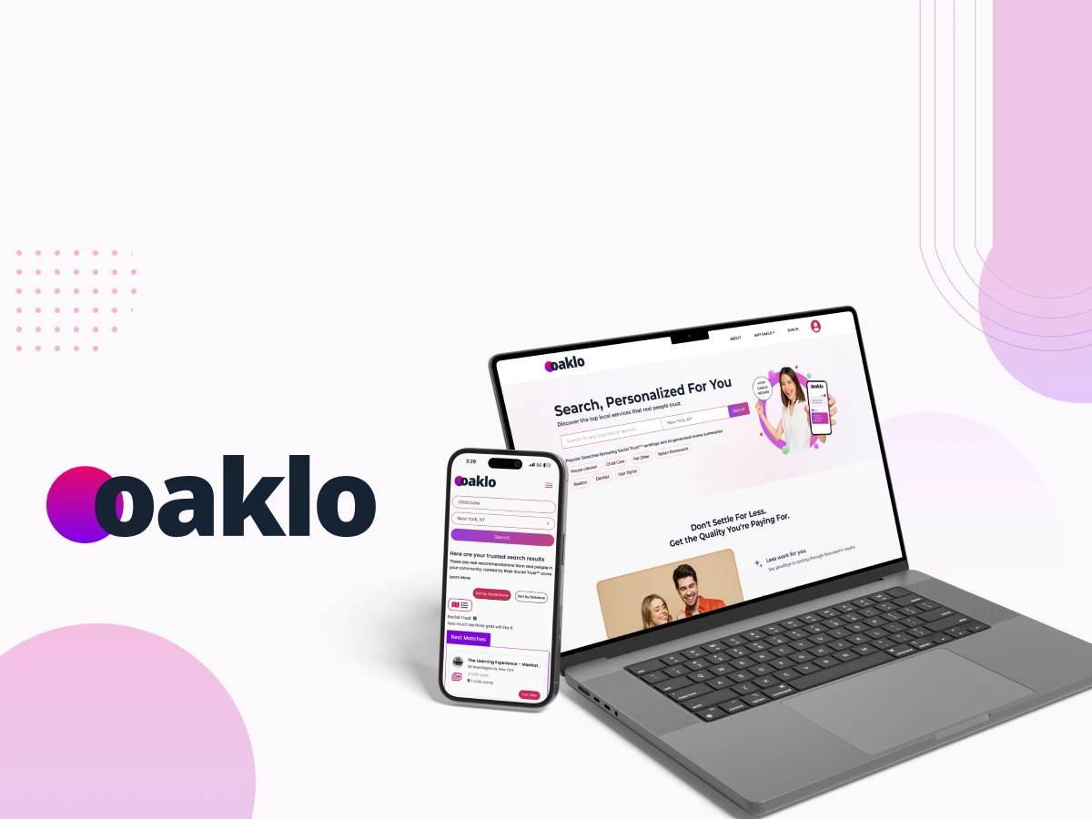 Oaklo homepage showing personalized local service search with Social Trust rankings, location filter, and mobile app preview