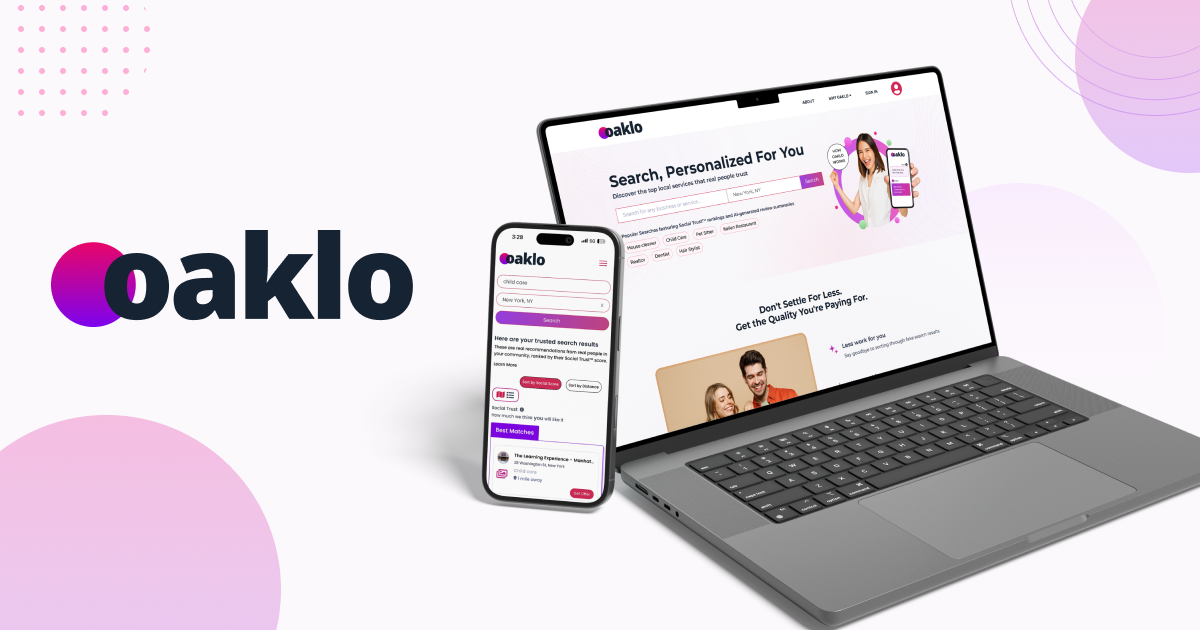 Oaklo homepage showing personalized local service search with Social Trust rankings, location filter, and mobile app preview