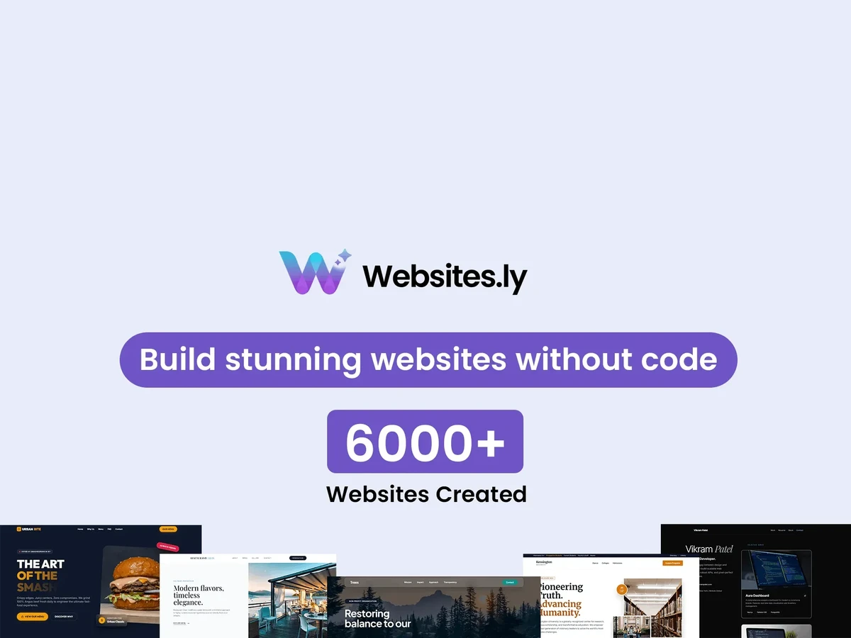 Websites.ly homepage showing AI-powered website builder with chat assistant and template gallery